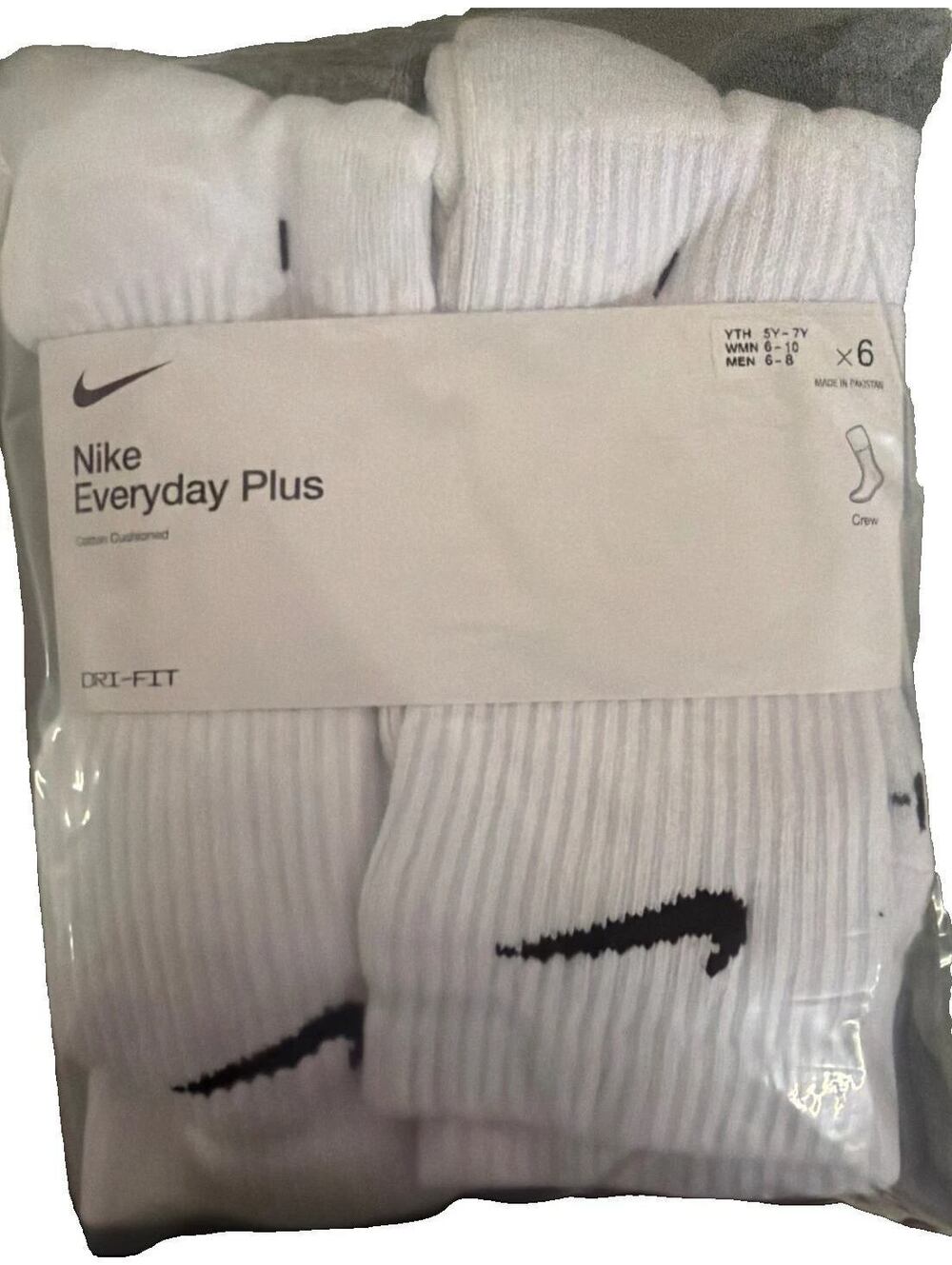 Nike Everyday Plus Cushioned Crew Socks White Dri-FIT 6 Pairs Mens 6-8 New
